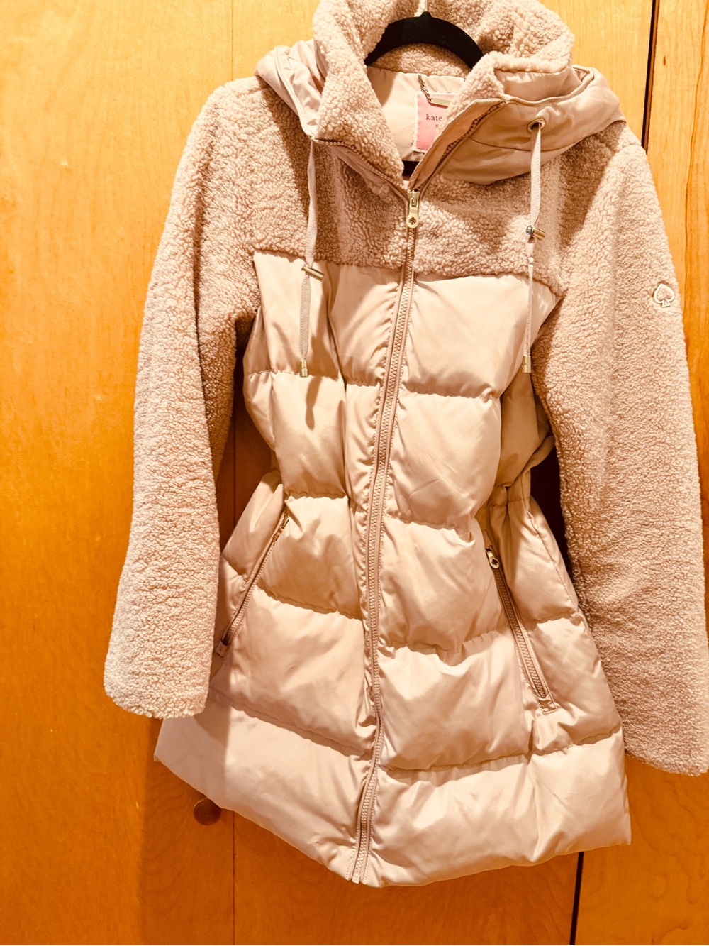 kate spade Women's Light Pink Sherpa & Puffer Hooded Coat Cinched Waist Medium